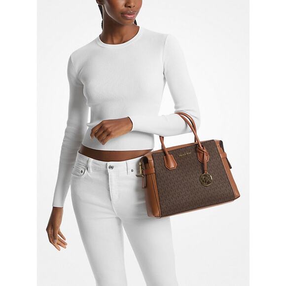 Michael Kors Mercer Medium Signature Logo and Leather Belted Satchel Bag - Picture 1 of 8